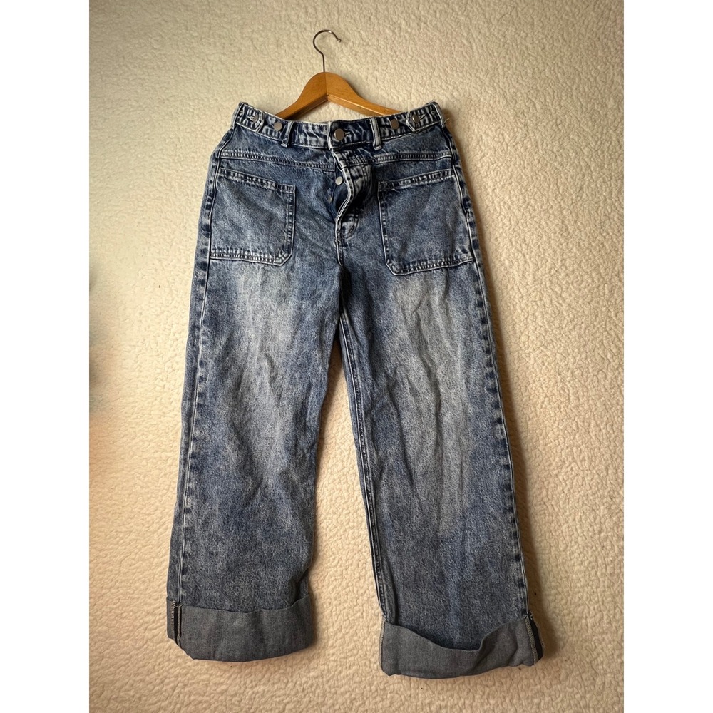 Altar'd State Wide Leg Acid Wash Blue Jeans Patch Pocket High Rise Size 28